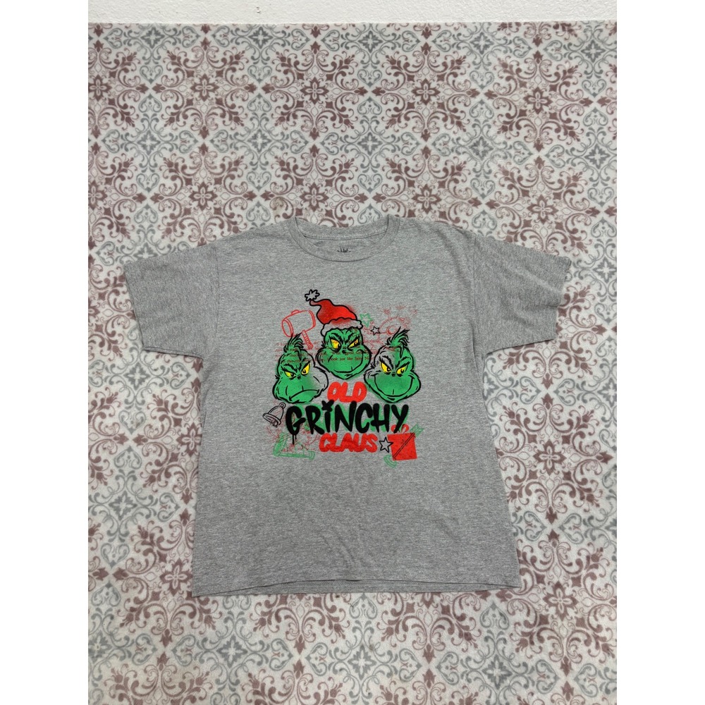 The Grinch Dr Seuss Old Grinchy Claus Gray Graphic T-Shirt Mens Large Hybrid L
